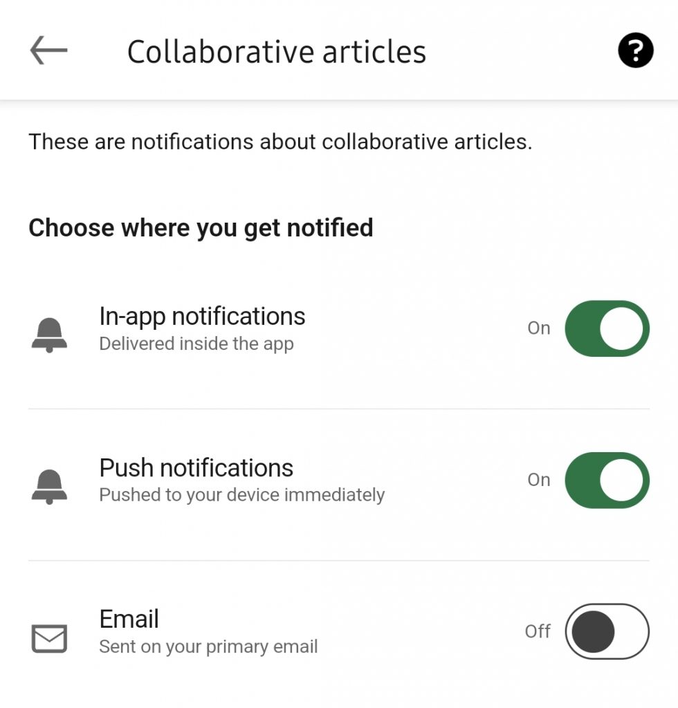 Screenshot from Android LinkedIn app, showing that in-app notifications and push notifications are enabled.