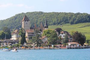 View from Lake Thun (Thunersee) towards Spiez Castle